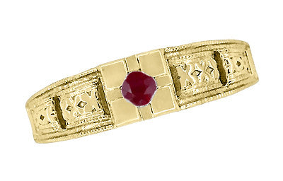 Floral Carved Square Top Art Deco Ruby Filigree Ring in Yellow Gold - Item: R160Y10R - Image: 4