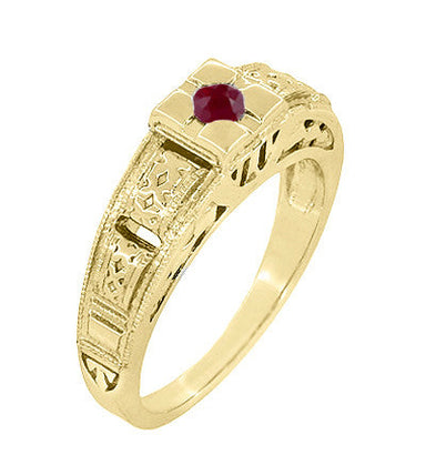Floral Carved Square Top Art Deco Ruby Filigree Ring in Yellow Gold - alternate view