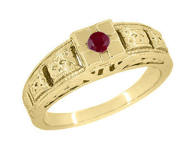 Floral Carved Square Top Art Deco Ruby Filigree Ring in Yellow Gold