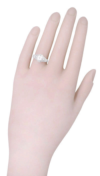 Art Deco Filigree Antique Engraved Solitaire Diamond Engagement Ring in White Gold - Item: R161W75D-LC - Image: 4