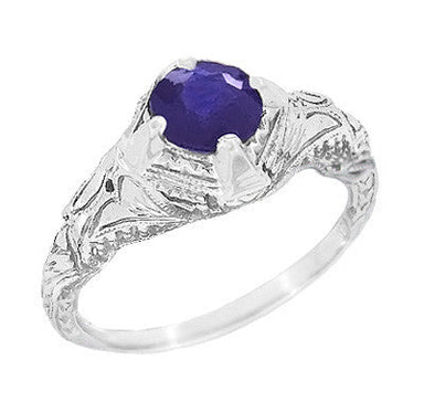 Art Deco Blue Iolite Engraved Filigree Engagement Ring in 14 Karat White Gold