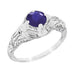 Art Deco Blue Iolite Engraved Filigree Engagement Ring in 14 Karat White Gold