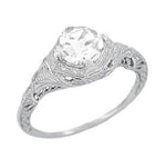 Art Deco Engraved Filigree White Sapphire Engagement Ring in 14 Karat White Gold