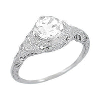 Art Deco Engraved Filigree White Sapphire Engagement Ring in 14 Karat White Gold