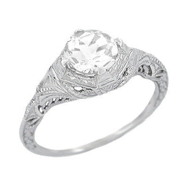 Art Deco Engraved Filigree White Sapphire Engagement Ring in 14 Karat White Gold