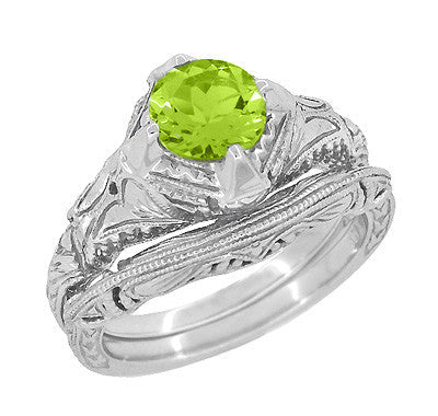 Art Deco Engraved Filigree 1.5 Carat Peridot Engagement Ring in 14 Karat White Gold - Item: R161WPER - Image: 3