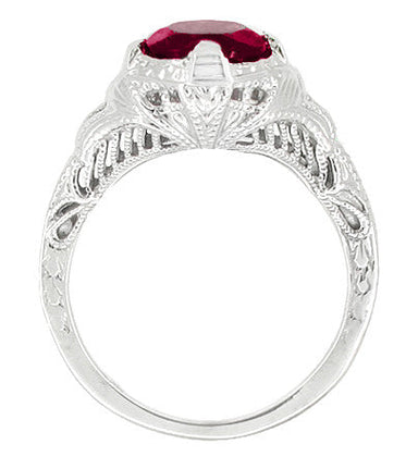 Art Deco Rubellite Tourmaline Engraved Filigree Engagement Ring in 14 Karat White Gold - alternate view