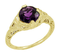 Art Deco 1 Carat Amethyst Engraved Filigree Engagement Ring in 14 Karat Yellow Gold
