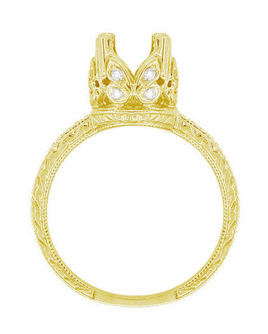 18 Karat Yellow Gold Art Deco Filigree Loving Butterflies Engraved 1 Carat Diamond Engagement Ring Setting