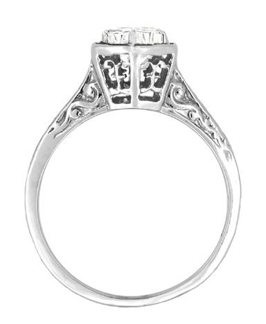 Art Deco Hexagonal Vintage Design Solitaire Diamond Filigree Engagement Ring in 14K White Gold - Engraved Scrolls - alternate view