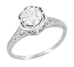 Art Deco Hexagonal Vintage Design Solitaire Diamond Filigree Engagement Ring in 14K White Gold - Engraved Scrolls