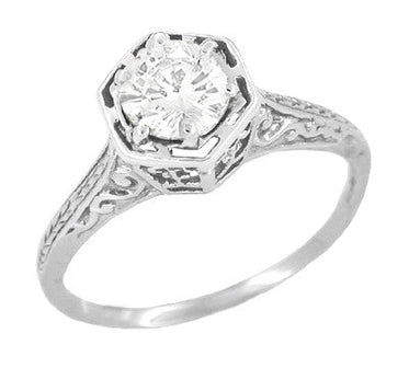 Art Deco Hexagonal Vintage Design Solitaire Diamond Filigree Engagement Ring in 14K White Gold - Engraved Scrolls