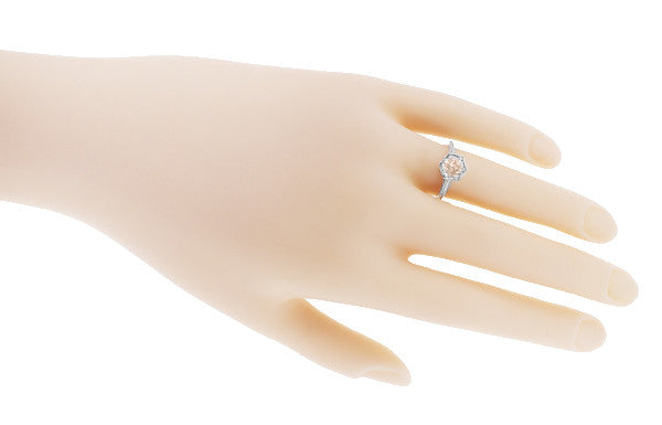 Filigree Engraved Art Deco Hexagon Morganite Ring in 14 Karat White Gold - Item: R180W75M - Image: 4