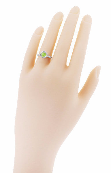 Hexagonal Filigree Art Deco Peridot Ring in 14 Karat White Gold - Item: R180W75PER - Image: 4