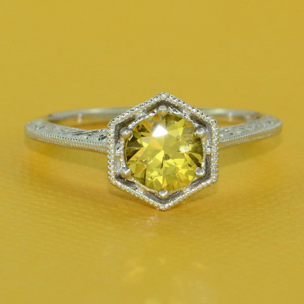 Art Deco Yellow Sapphire Filigree Hexagon Engagement Ring in 14 Karat White Gold - Item: R180W75YS - Image: 5