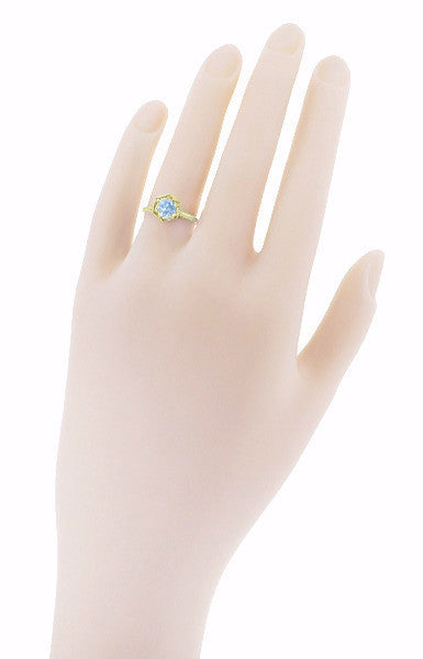 Art Deco Filigree Hexagonal 3/4 Carat Aquamarine Engagement Ring in 14K Yellow Gold - Item: R180Y - Image: 4