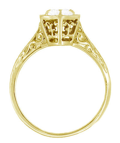 Vintage Engraved Art Deco Hexagonal Filigree Solitaire Diamond Engagement Ring in 14K Yellow Gold - alternate view