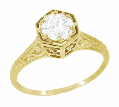 Vintage Engraved Art Deco Hexagonal Filigree Solitaire Diamond Engagement Ring in 14K Yellow Gold