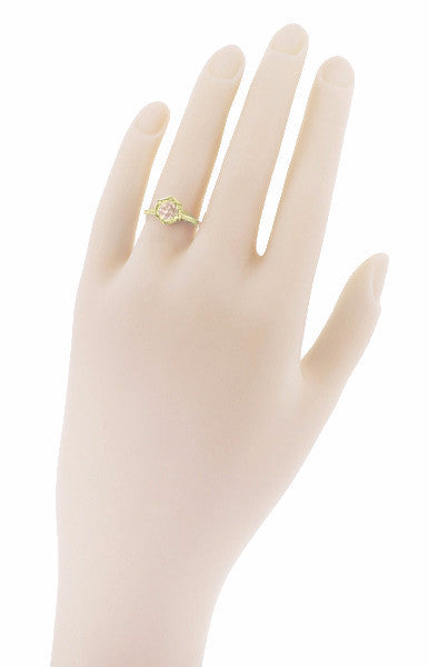 Art Deco Vintage Style Engraved Filigree Morganite Hexagon Ring in 14K Yellow Gold - Item: R180Y75M - Image: 4