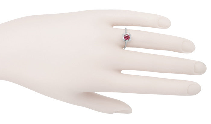 Filigree Scrolls Square Top Art Deco Engraved Rhodolite Garnet Engagement Ring in 14 Karat White Gold - Item: R182W - Image: 4