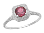 Filigree Scrolls Square Top Art Deco Engraved Rhodolite Garnet Engagement Ring in 14 Karat White Gold