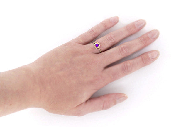 Art Deco Amethyst Filigree Scrolls Engraved 14 Karat Rose Gold Engagement Ring - Item: R183RAM - Image: 5
