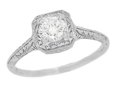 Filigree Scrolls 0.25 Carat Diamond Engraved Art Deco Engagement Ring in White Gold