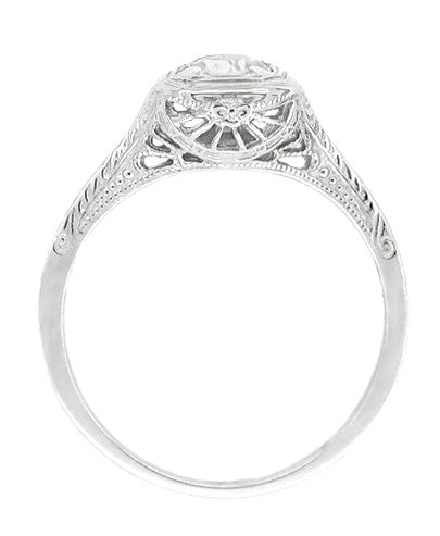 Filigree Scrolls Square Top Art Deco Engraved 1/3 Carat Diamond Engagement Ring in White Gold - Item: R183W50D10K-LC - Image: 2