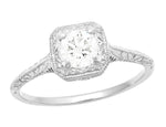 Filigree Scrolls Square Top Art Deco Engraved 1/3 Carat Diamond Engagement Ring in White Gold