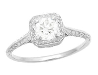 Filigree Scrolls Square Top Art Deco Engraved 1/3 Carat Diamond Engagement Ring in White Gold