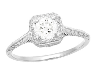 Filigree Scrolls Square Top Art Deco Engraved 1/3 Carat Diamond Engagement Ring in White Gold