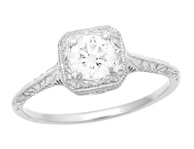 Filigree Scrolls Square Top Art Deco Engraved 1/3 Carat Diamond Engagement Ring in White Gold