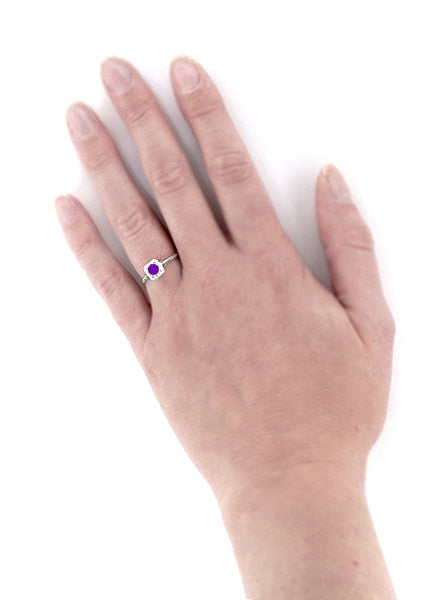 Art Deco Filigree Scrolls Engraved Amethyst Engagement Ring in 14 Karat White Gold - Item: R183WAM - Image: 5