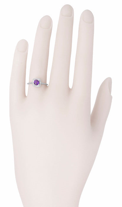 Art Deco Filigree Scrolls Engraved Amethyst Engagement Ring in 14 Karat White Gold - Item: R183WAM - Image: 3