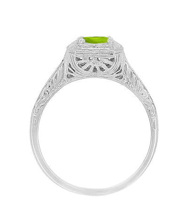 1920's Filigree Scroll Engraved Peridot Engagement Ring in 14 Karat White Gold - alternate view