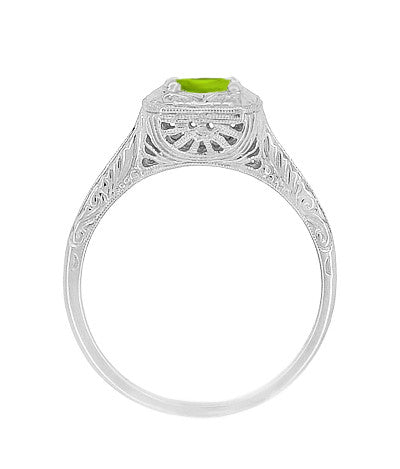 1920's Filigree Scroll Engraved Peridot Engagement Ring in 14 Karat White Gold - Item: R183WPER - Image: 2
