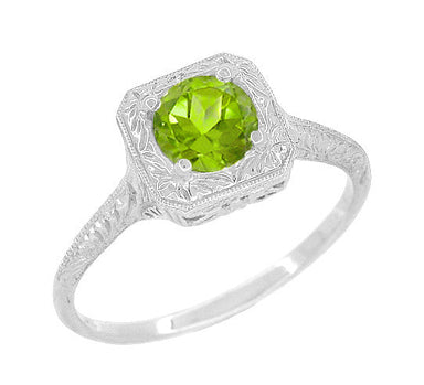 1920's Filigree Scrolls Engraved Vintage Peridot Engagement Ring in 14K White Gold - Square Top Solitaire - R183WPER