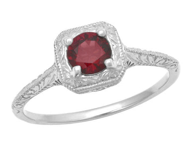 Simple Engraved Vintage Art Deco Filigree Red Garnet Ring - Natural Pyrope Garnet - R183WPG