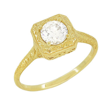 Filigree Scrolls Vintage Engraved 3/4 Carat Diamond Art Deco Engagement Ring in 14 Karat Yellow Gold