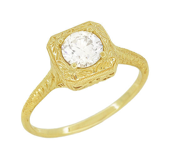 Filigree Scrolls Vintage Engraved 3/4 Carat Diamond Art Deco Engagement Ring in 14 Karat Yellow Gold