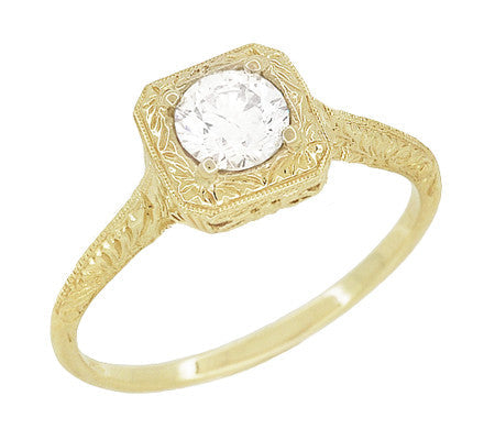 Filigree Yellow Gold Scrolls 1/3 Carat Diamond Art Deco Engraved Engagement Ring - Item: R183Y50D10K-LC - Image: 3