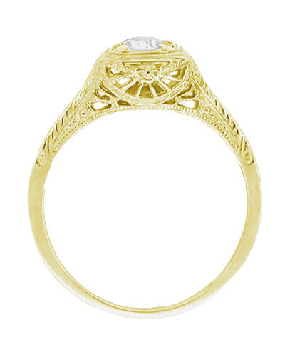 Filigree Yellow Gold Scrolls 1/3 Carat Diamond Art Deco Engraved Engagement Ring - Item: R183Y50D10K-LC - Image: 2