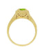 Art Deco Square Top Filigree Scrolls Engraved Peridot Engagement Ring in 14 Karat Yellow Gold