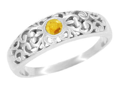 Scroll Filigree Edwardian Citrine Ring in 14 Karat White Gold