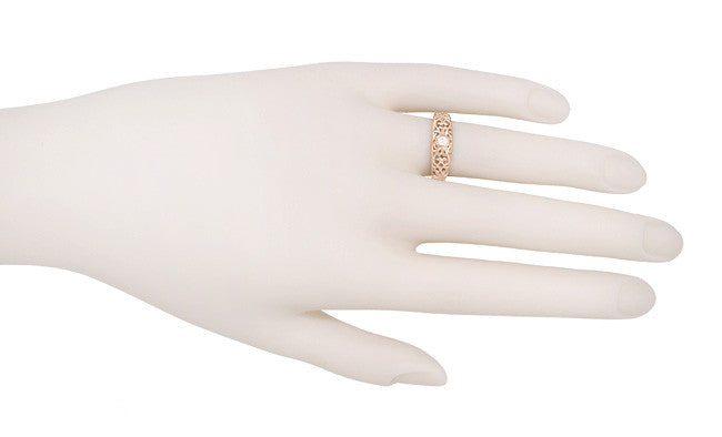 Filigree Edwardian Diamond Band Ring in 14 Karat Rose ( Pink ) Gold - Item: R197RP-LC - Image: 3