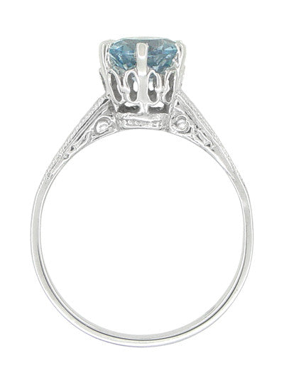 Art Deco Crown 1 Carat Solitaire Aquamarine Engagement Ring in 18 Karat White Gold - Item: R199A - Image: 2
