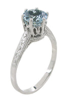 Art Deco Crown 1 Carat Solitaire Aquamarine Engagement Ring in 18 Karat White Gold