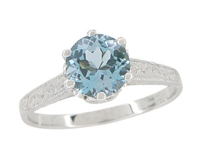 Art Deco Crown 1 Carat Solitaire Aquamarine Engagement Ring in 18 Karat White Gold - Item: R199A - Image: 3