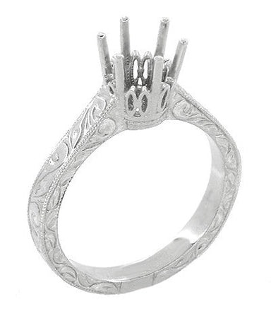 Art Deco 1 Carat Crown Filigree Scrolls Engagement Ring Setting in Platinum
