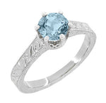 Platinum Art Deco Filigree Scrolls 1 Carat Aquamarine Engraved Crown Engagement Ring